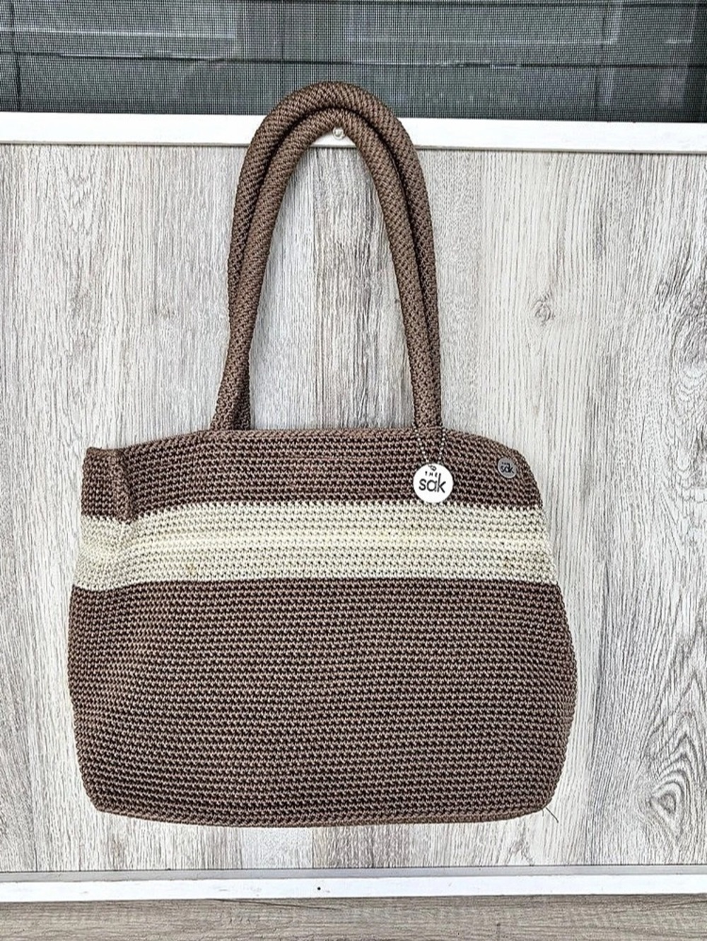 The Sak Crochet Shoulder Bag Tote Beige Ivory striped Nautical Coastal Beach